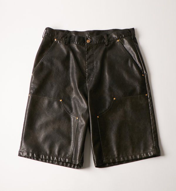  「レザーダブルニーハーフパンツ」|チノ|ブラック