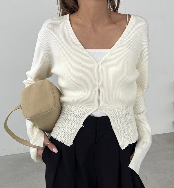  「【スタイルアップ効果◎】裾シャーリングリブカーディガン」|カーディガン|