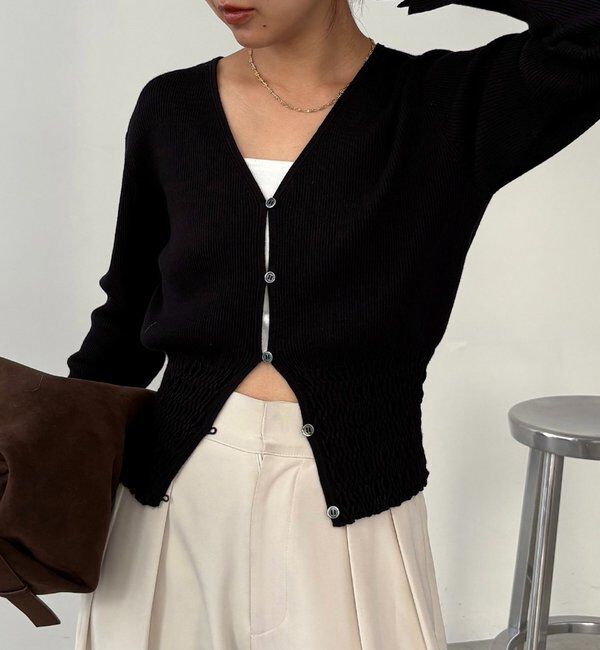  「【スタイルアップ効果◎】裾シャーリングリブカーディガン」|カーディガン|ブラック