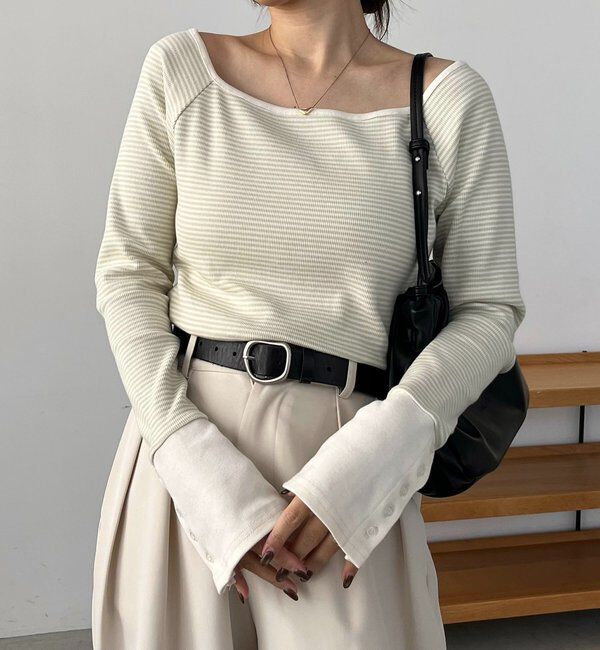  「ボーダー袖ボタンロンT」|Tシャツ・カットソー|グリーン