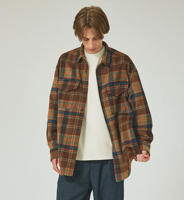 ABAHOUSE「【シャギー素材】ネルチェック オーバーサイズ CPOシャツ /シャツブルゾン」|ブルゾン・スタジャン|ブラウン