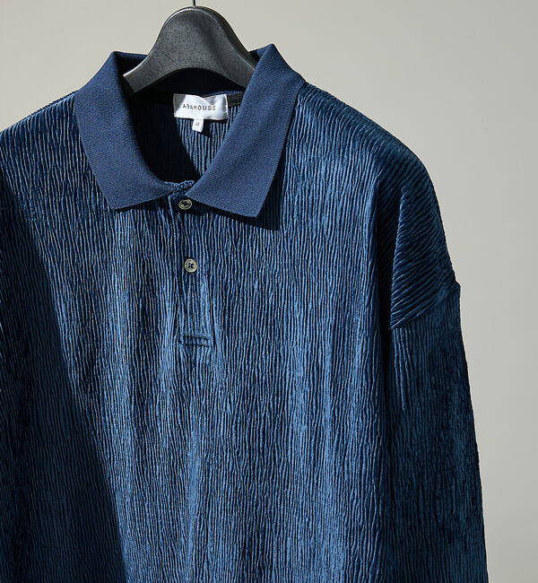 ABAHOUSE「ベロアプリーツ ニットポロシャツ / オーバーサイズ」|ポロシャツ|ネイビー