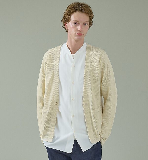 ABAHOUSE「2トーン シアーメッシュ 1ボタン カーディガン」|カーディガン|ベージュ