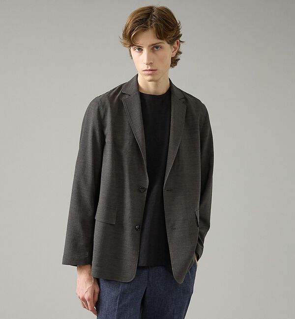 ABAHOUSE「カレンダー加工 リネンライク サマージャケット/ 軽量 ストレッチ【予約】」|ノーカラージャケット|チャコールグレー