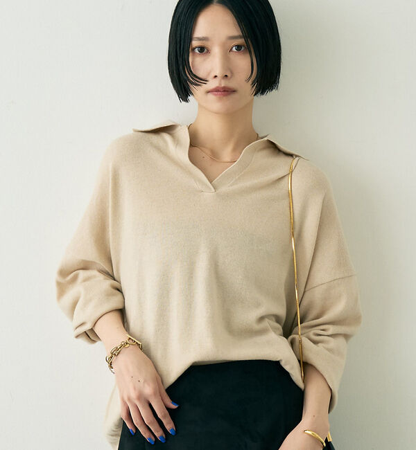 Rouge vif「カシミヤ混ウール襟付きスキッパーニット」|ニット・セーター|ベージュ