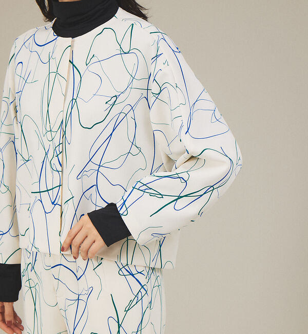 qualite「《セットアップ対応》ドローイングプリントクロップドシャツジャケット」|ノーカラージャケット|