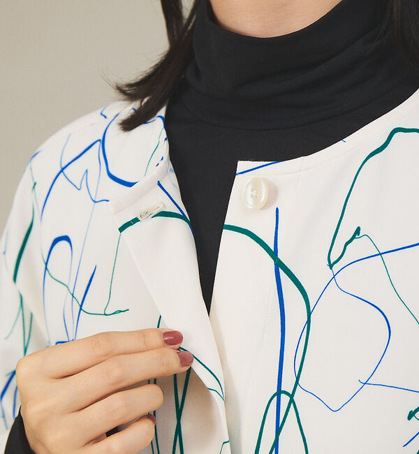 qualite「《セットアップ対応》ドローイングプリントクロップドシャツジャケット」|ノーカラージャケット|