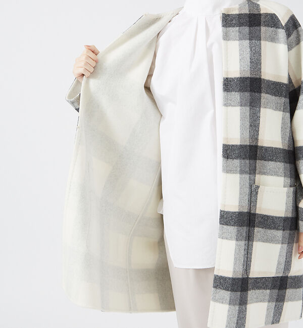 qualite「チェックダブルフェイスストールコート」|ノーカラーコート|