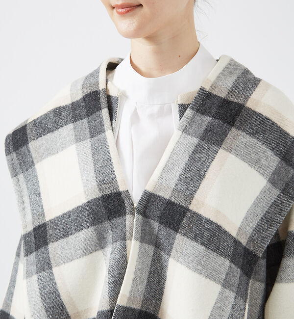 qualite「チェックダブルフェイスストールコート」|ノーカラーコート|
