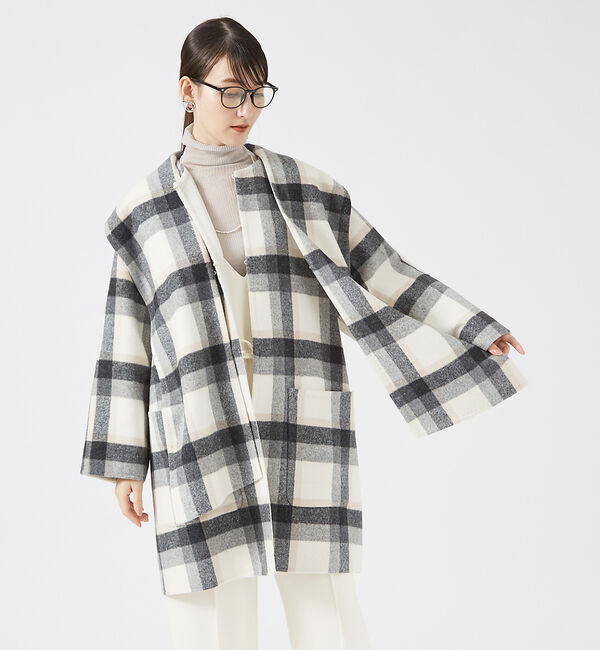 qualite「チェックダブルフェイスストールコート」|ノーカラーコート|