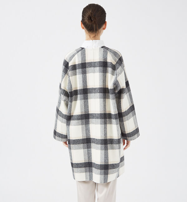 qualite「チェックダブルフェイスストールコート」|ノーカラーコート|