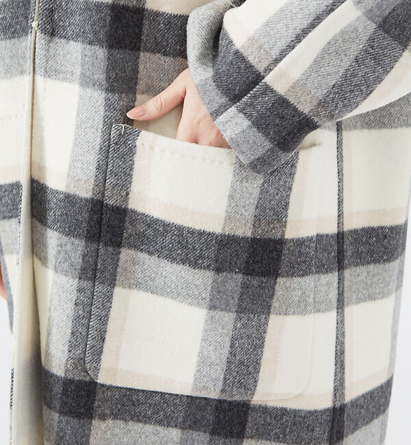 qualite「チェックダブルフェイスストールコート」|ノーカラーコート|