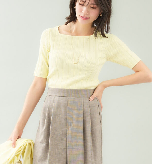 abahouse mavie「【アンサンブル対応】麻タッチリブスクエアネックプルオーバー」|ニット・セーター|イエロー