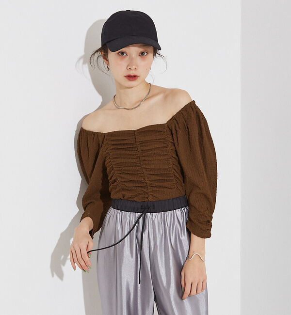 NOMINE「シャーリング ボリュームスリーブ2WAYプルオーバー」|Tシャツ・カットソー|ブラウン