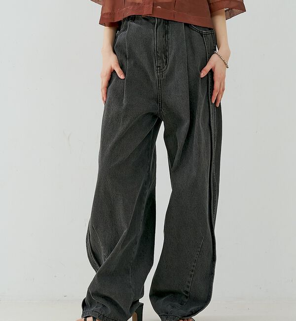 NOMINE「サイドライン タック ワイド ハイウエスト デニムパンツ」|デニム|