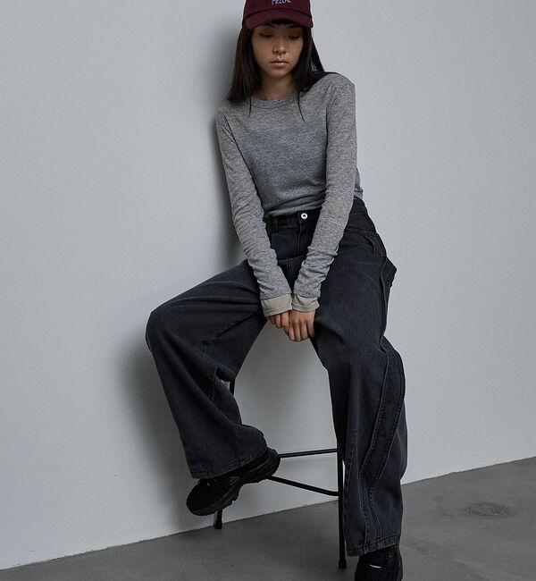 NOMINE「サイドライン タック ワイド ハイウエスト デニムパンツ」|デニム|