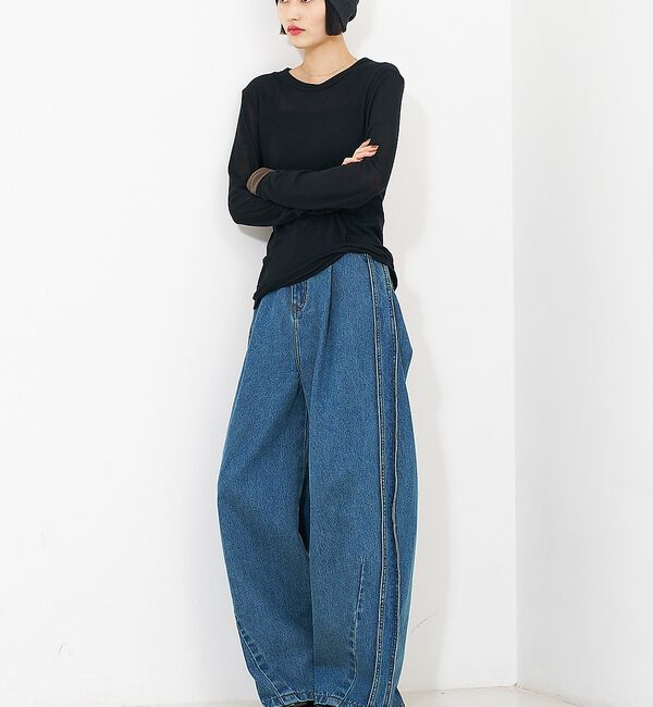 NOMINE「サイドライン タック ワイド ハイウエスト デニムパンツ」|デニム|