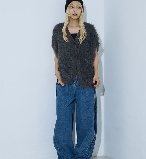 NOMINE「サイドライン タック ワイド ハイウエスト デニムパンツ」|デニム|