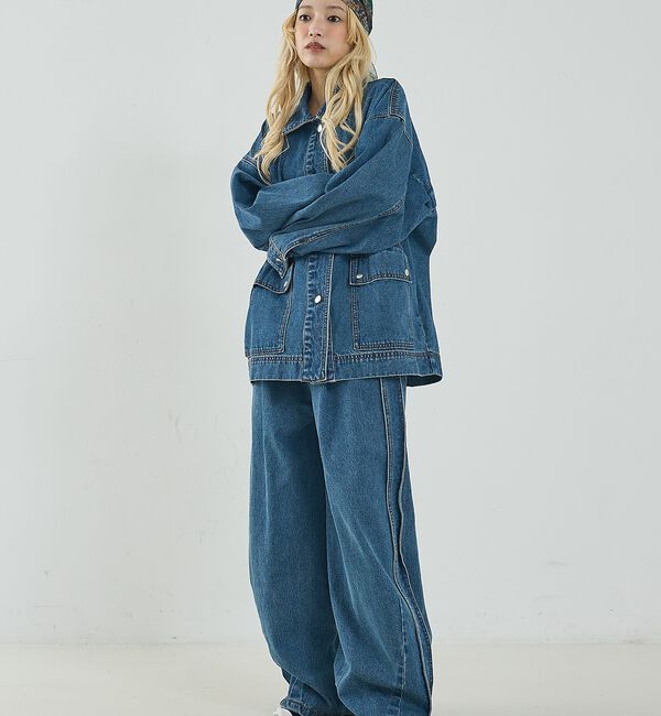 NOMINE「サイドライン タック ワイド ハイウエスト デニムパンツ」|デニム|