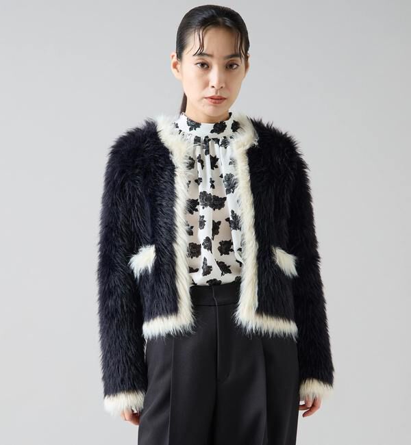 TIARA「フェザーバイカラーニットジャケット」|カーディガン|ブラック