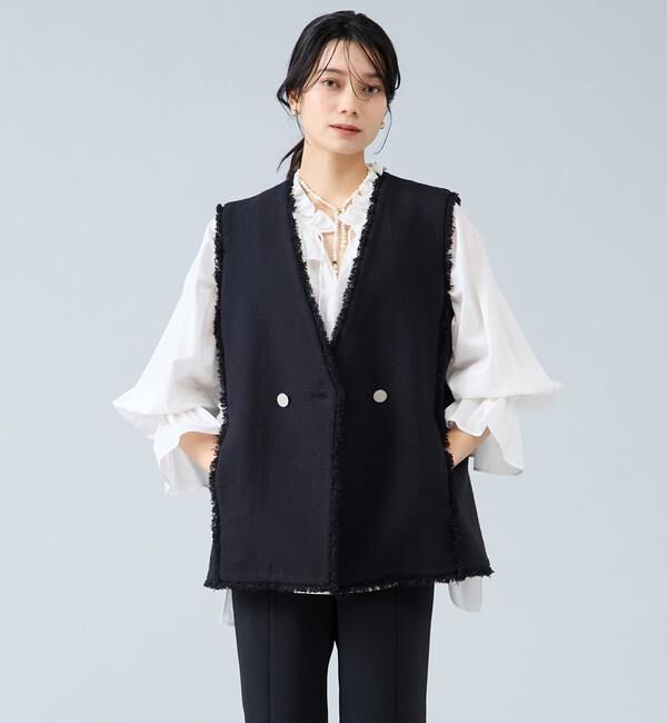 Liesse「スラブツイードフリンジジレ」|ベスト・ジレ|ブラック