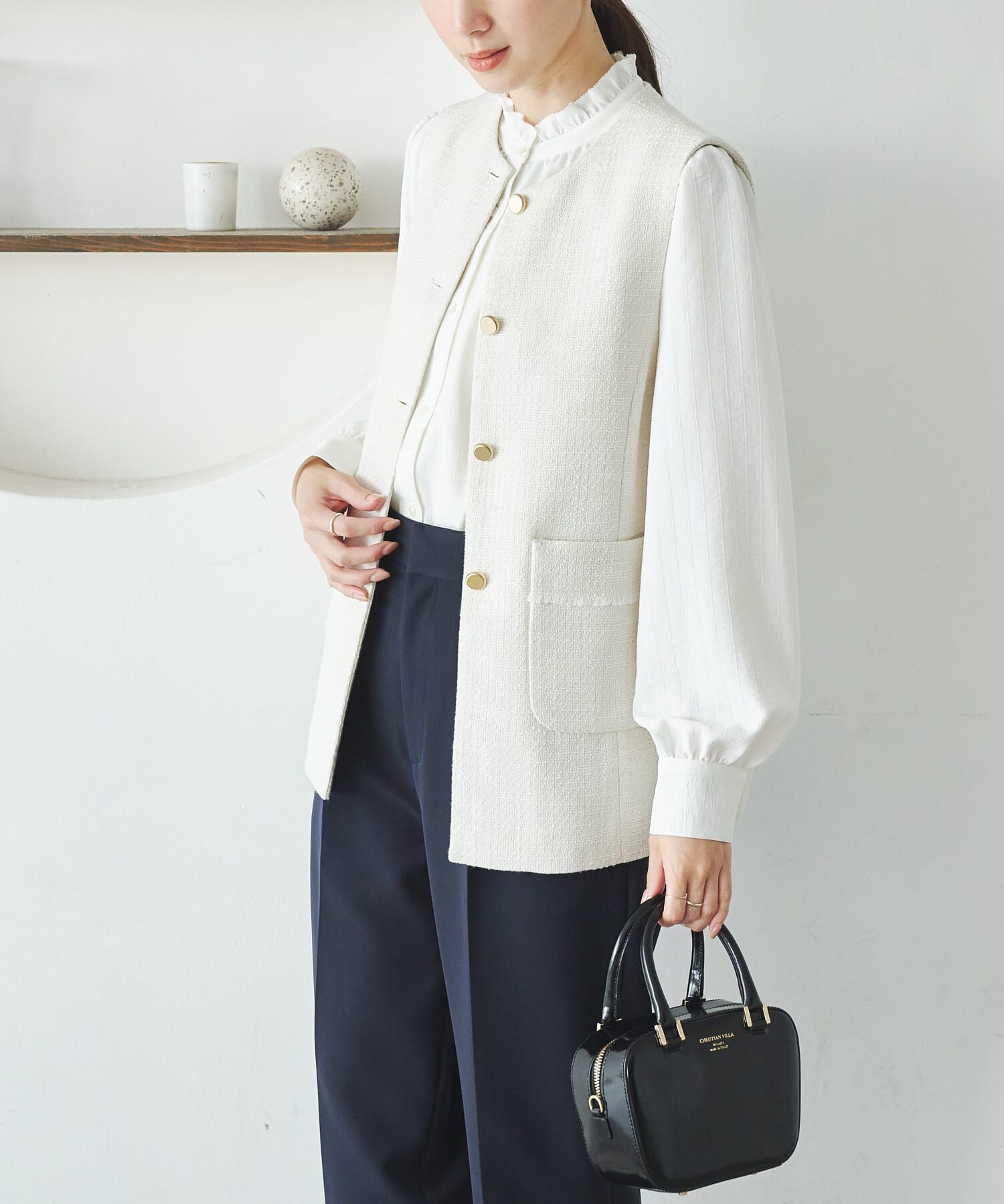 URBAN RESEARCH「ノーカラーツイードジレ」|ノーカラーコート|