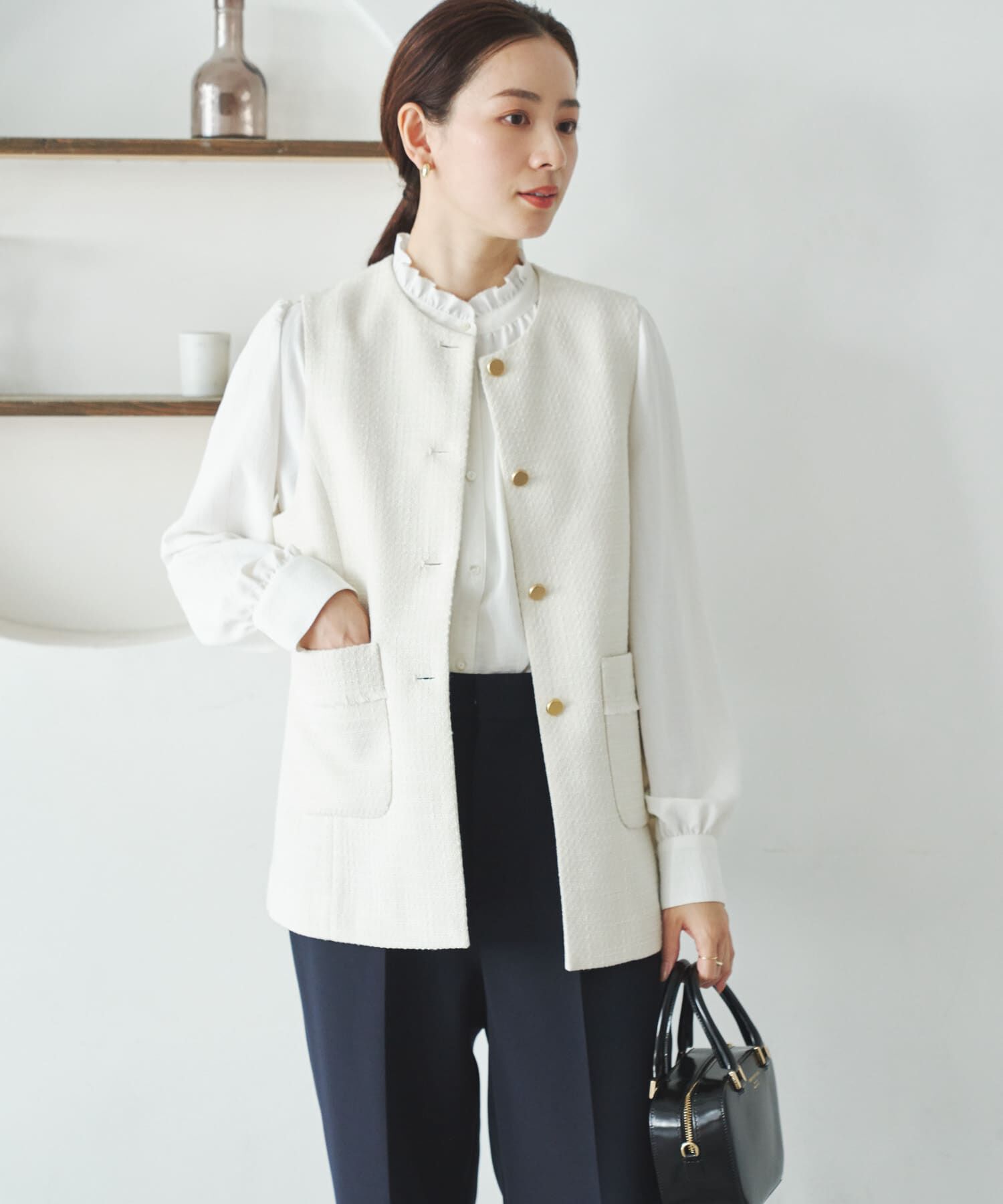 URBAN RESEARCH「ノーカラーツイードジレ」|ノーカラーコート|