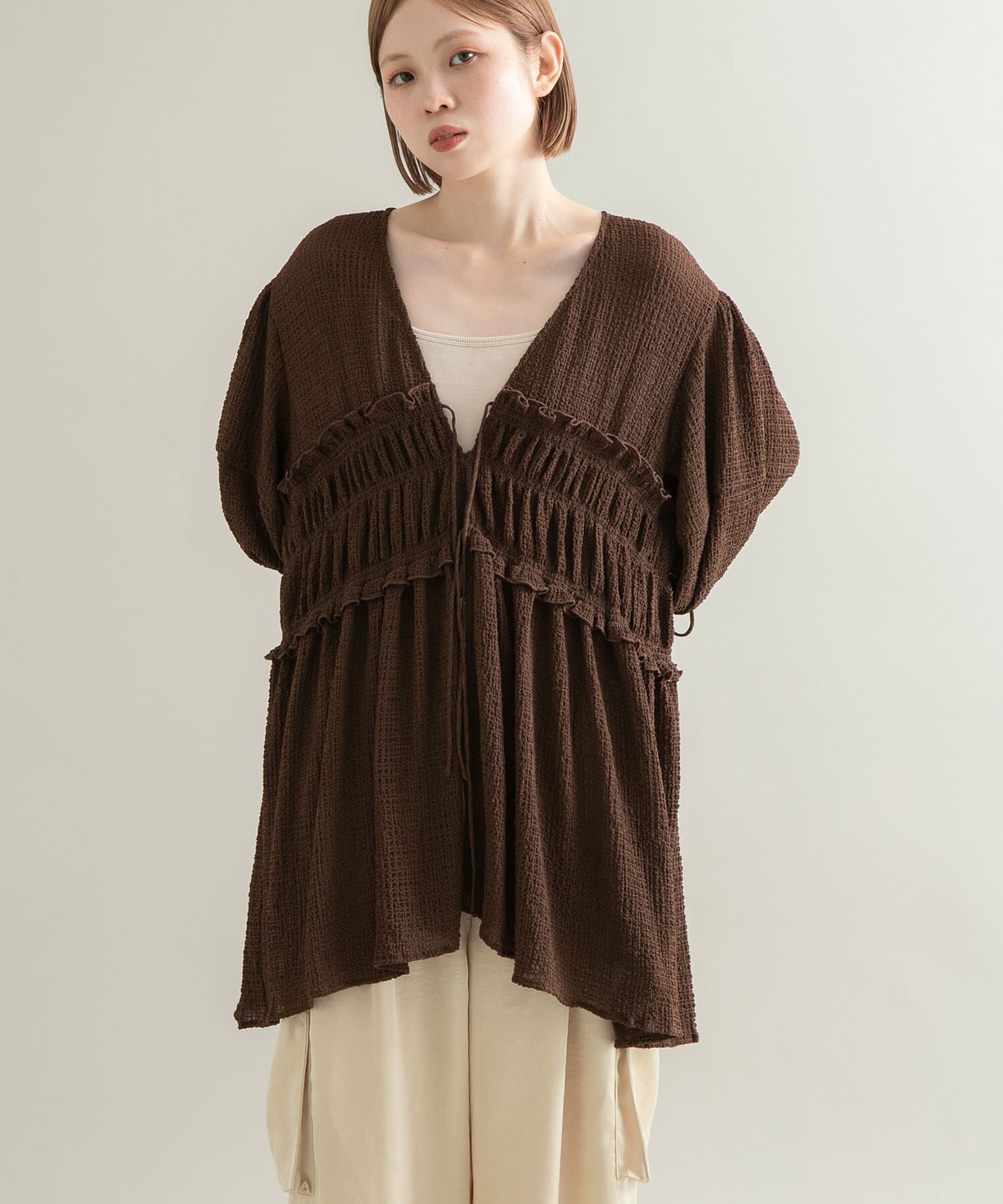  「フロントリボンチュニック」|シャツ・ブラウス|ブラウン