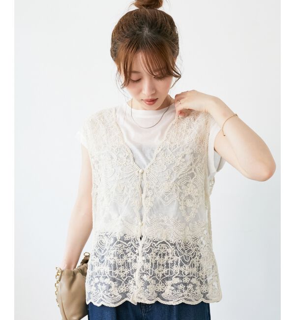 le.coeur blanc「《手洗い可能》TORRAZZO DONNAメッシュレースベスト」|ベスト・ジレ|