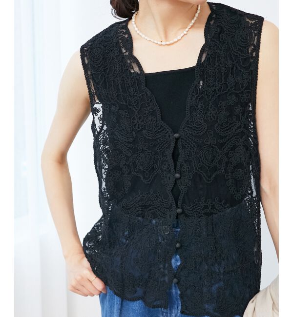  「TORRAZZO DONNAエンブロイダリーレースベスト」|ベスト・ジレ|ブラック