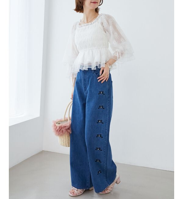 MAJESTICLEGON「リボンビジューデニムパンツ」|デニム|