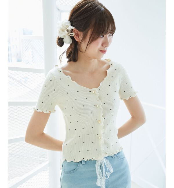  「ドットパターンリブカーディガン」|カーディガン|オフ／柄