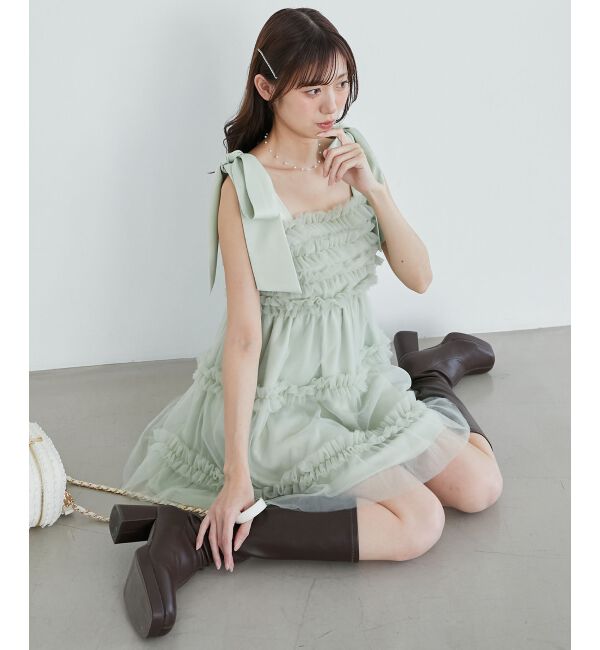  「フリルチュールミニワンピース」|ワンピース|Ｌ／グリーン
