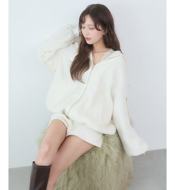  「キラキラツイードミディブルゾン」|ブルゾン・スタジャン|アイボリー