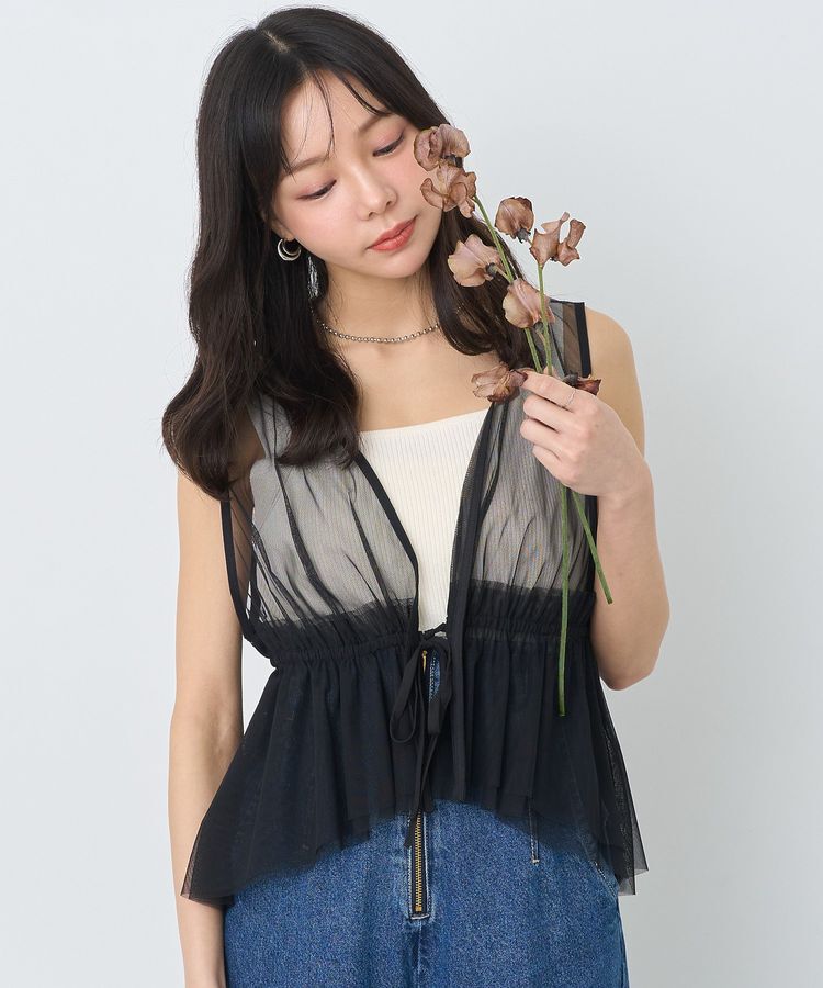 earth music&ecology「チュールドロストギャザーベスト」|ベスト・ジレ|Black