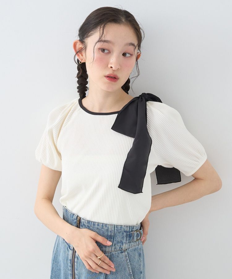 earth music&ecology「アシメ肩リボンカットソー」|Tシャツ・カットソー|