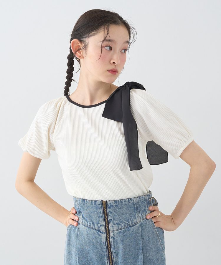 earth music&ecology「アシメ肩リボンカットソー」|Tシャツ・カットソー|