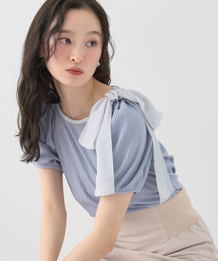 earth music&ecology「アシメ肩リボンカットソー」|Tシャツ・カットソー|グレイッシュブルー