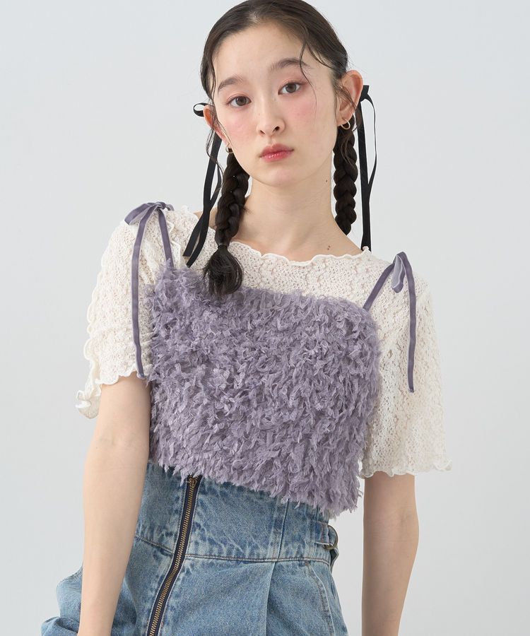 earth music&ecology「ベロアリボンフェザービスチェ」|ベスト・ジレ|Charcoal Gray