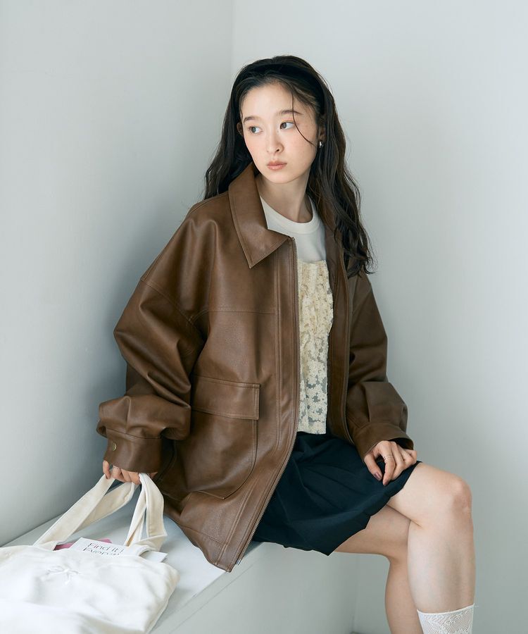 earth music&ecology「フェイクレザージップジャケット」|ブルゾン・スタジャン|