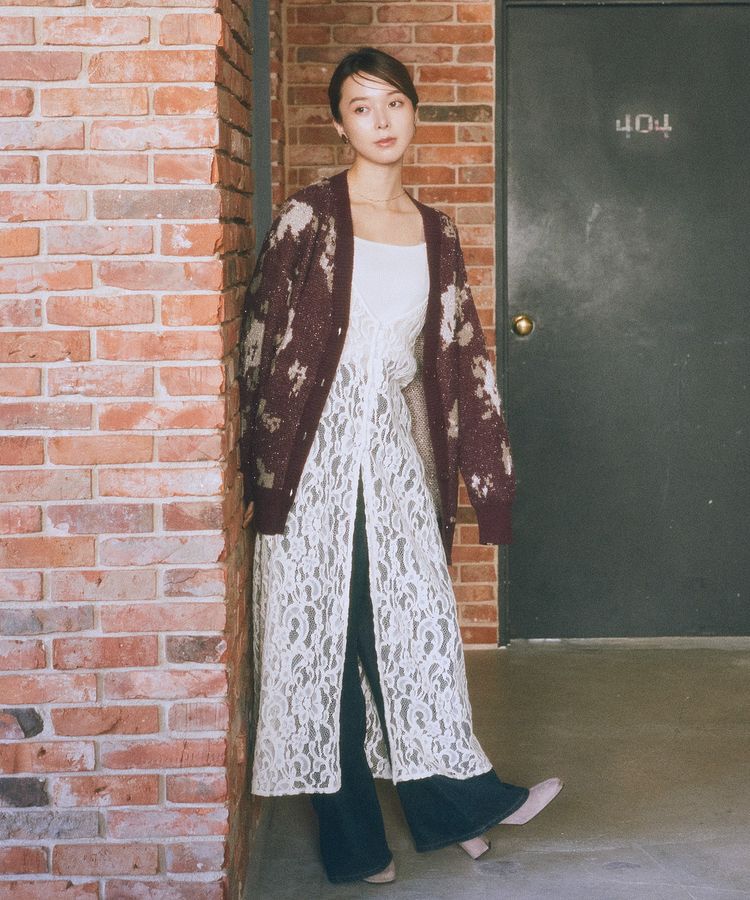 earth music&ecology「フラワージャガードラメシャギーカーディガン」|カーディガン|