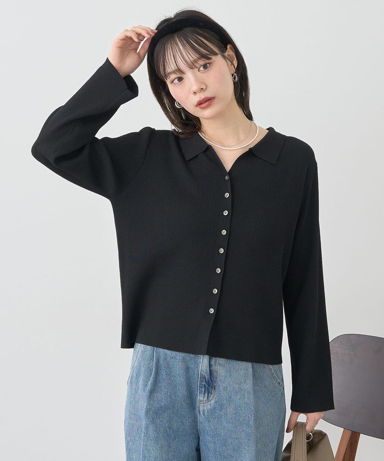 earth music&ecology「襟付きニットカーディガン」|カーディガン|Black