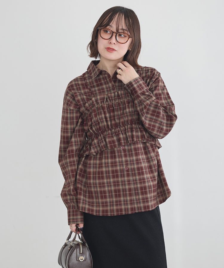 earth music&ecology「SET2点チェック柄シャーリングビスチェ＋シャツ」|シャツ・ブラウス|Bordeaux