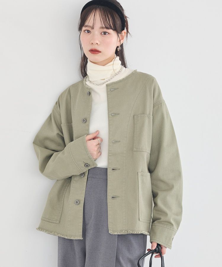 earth music&ecology「ノーカラーカバーオール」|テーラードジャケット|Light Green