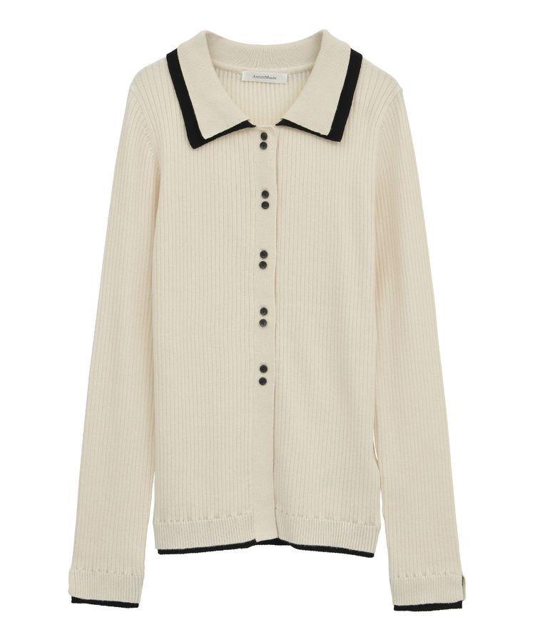 AnriettMusee「配色レイヤードポロリブニットカーディガン」|ニット・セーター|