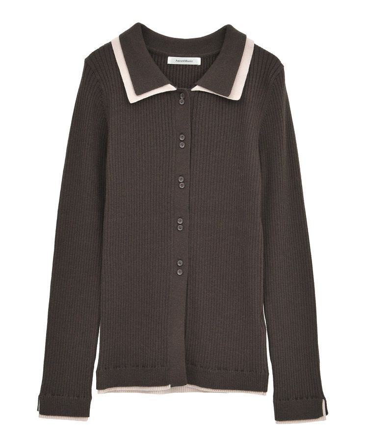 AnriettMusee「配色レイヤードポロリブニットカーディガン」|ニット・セーター|