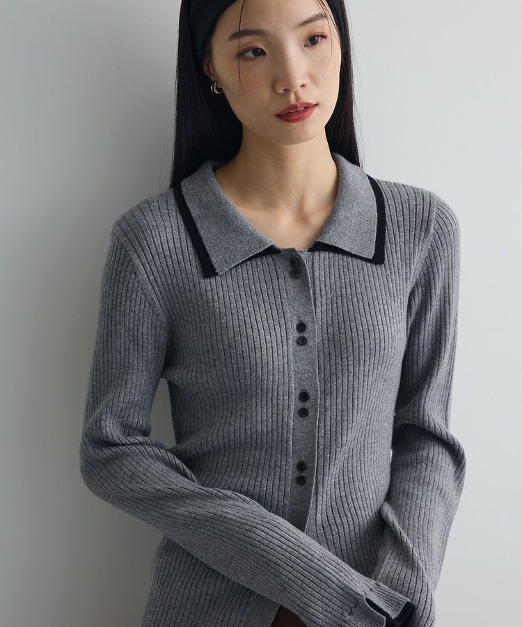 AnriettMusee「配色レイヤードポロリブニットカーディガン」|ニット・セーター|