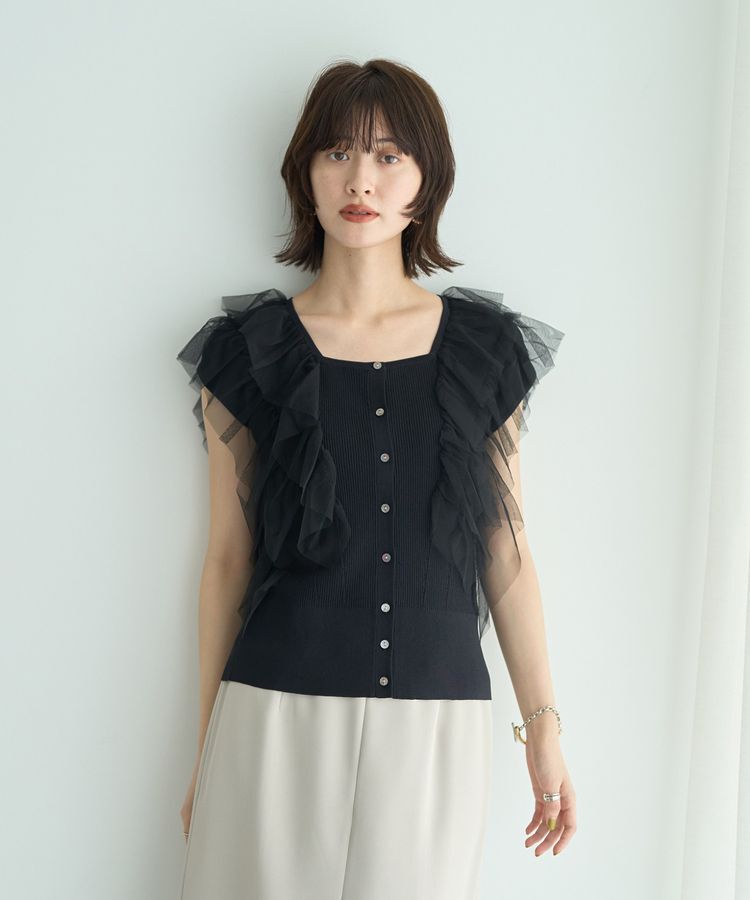 YECCA VECCA「チュールラッフルノースリーブカーディガン」|カーディガン|