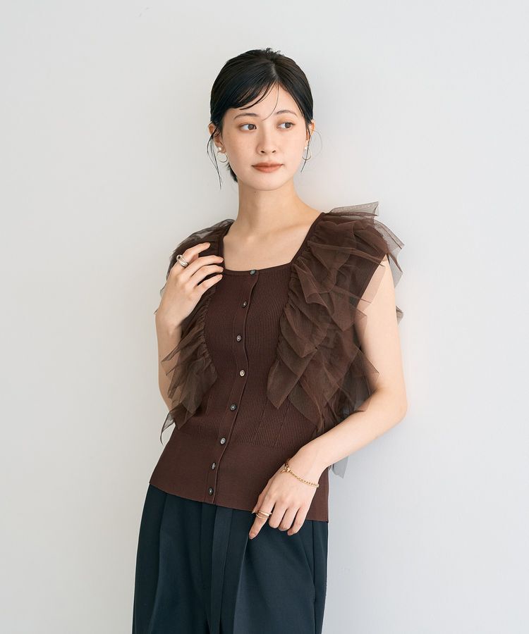 YECCA VECCA「チュールラッフルノースリーブカーディガン」|カーディガン|Brown