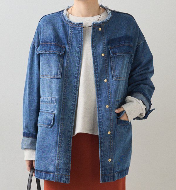  「デニムノーカラーワークジャケット」|デニムジャケット|インディゴブルー